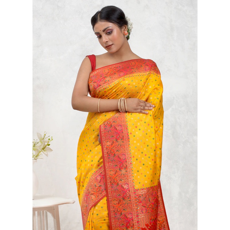 Yellow Dupion Silk Saree With Blouse Piece - JD986579706