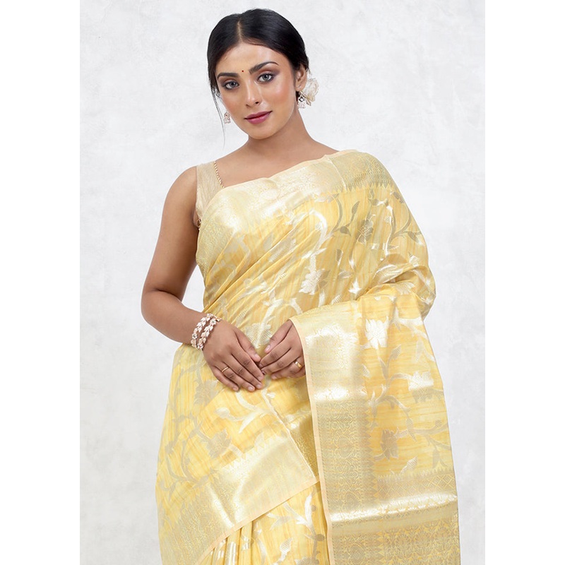 Yellow Kora Silk Saree With Blouse Piece - JD986579640
