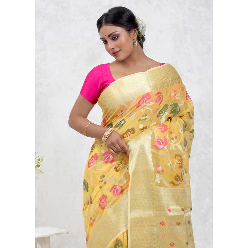 Yellow Kora Silk Saree With Blouse Piece - JD986579704