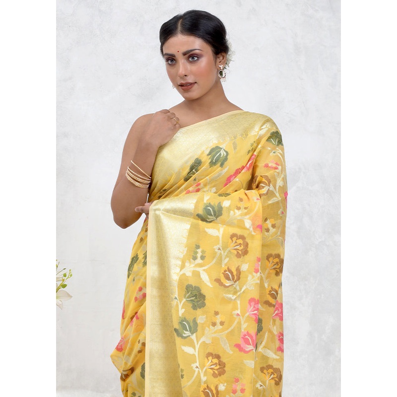 Yellow Kora Silk Saree With Blouse Piece - JD986579705