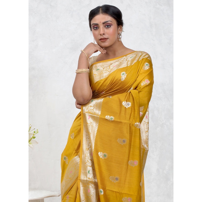 Yellow Pure Cotton Saree With Blouse Piece - JD986579703