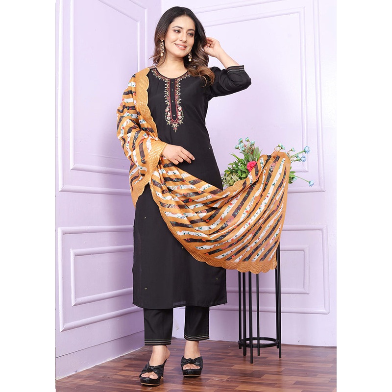 3 Pc Black Readymade Silk Suit Set - JD986579437