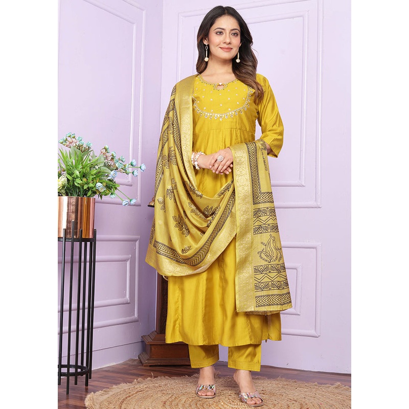 3 Pc Yellow Readymade Silk Suit Set - JD986579366
