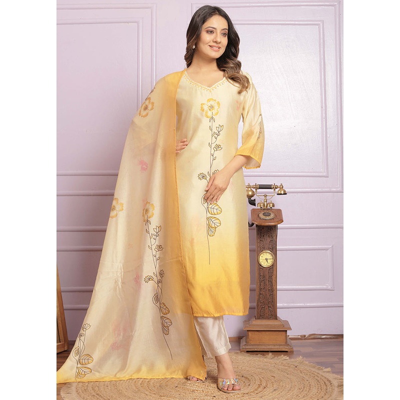 3 Pc Yellow Readymade Silk Suit Set - JD986579367