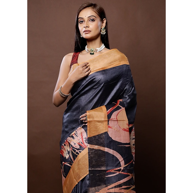 Black Tussar Silk Saree With Blouse Piece - JD986579358