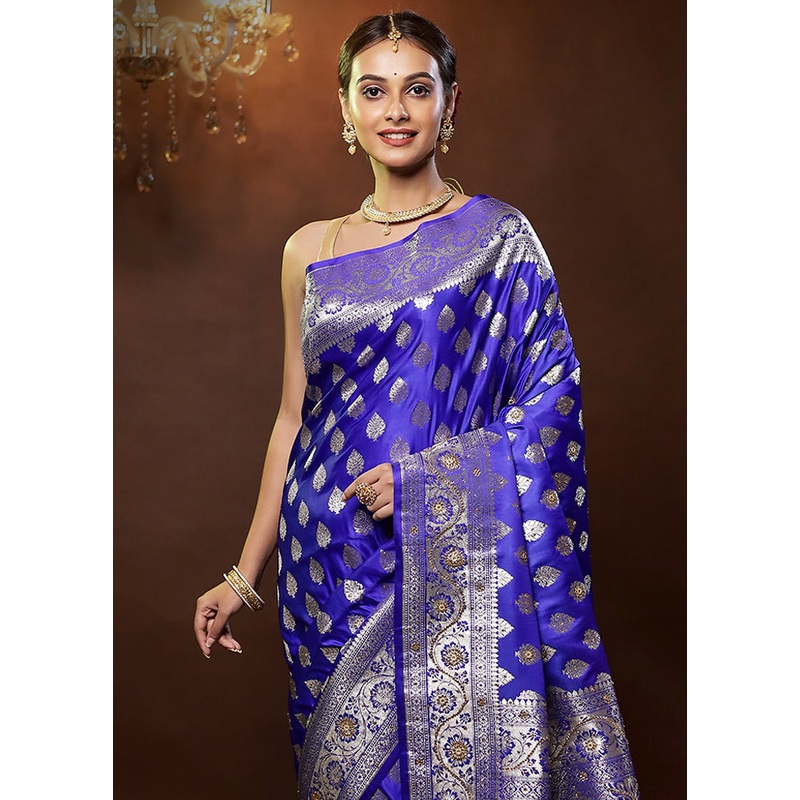 Blue Banarasi Silk Saree With Blouse Piece - JD986579357