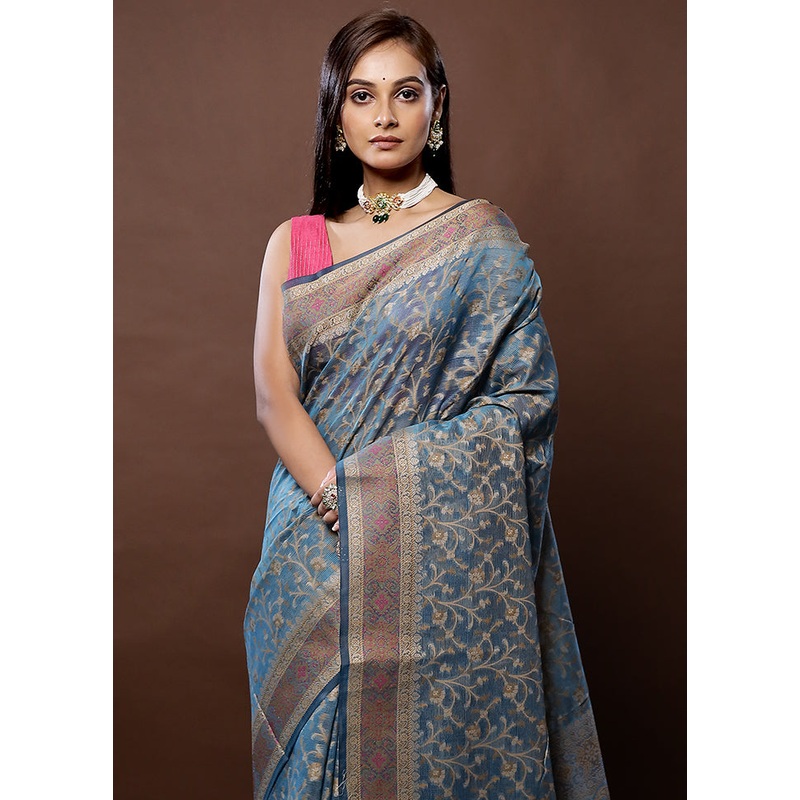 Blue Cotton Saree With Blouse Piece - JD986579356