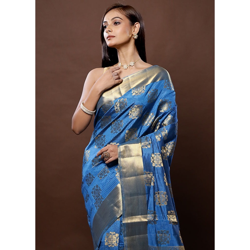 Blue Dupion Silk Saree With Blouse Piece - JD986579355