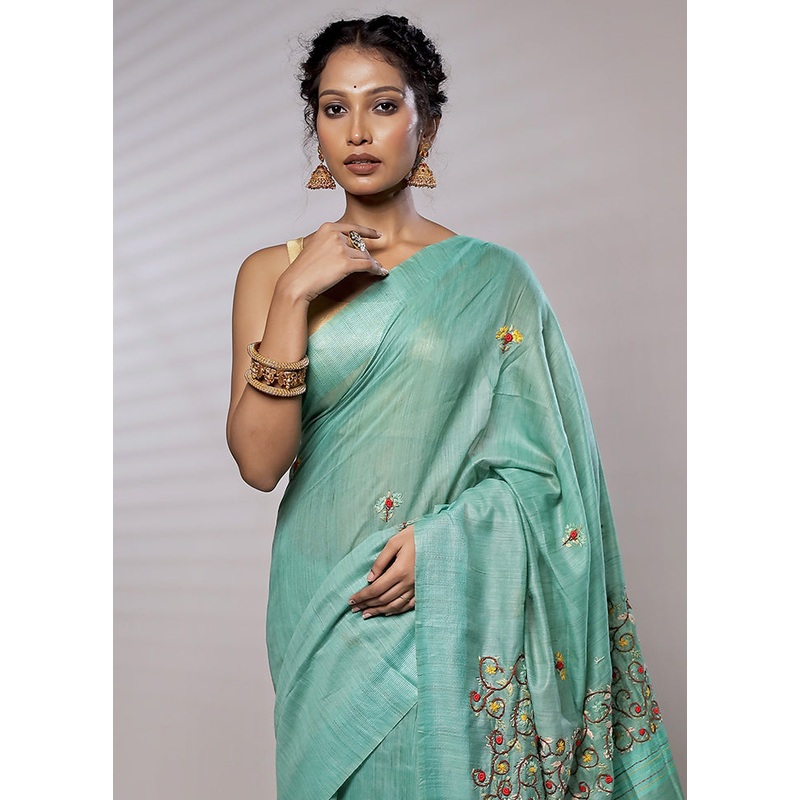 Blue Dupion Silk Saree With Blouse Piece - JD986579466