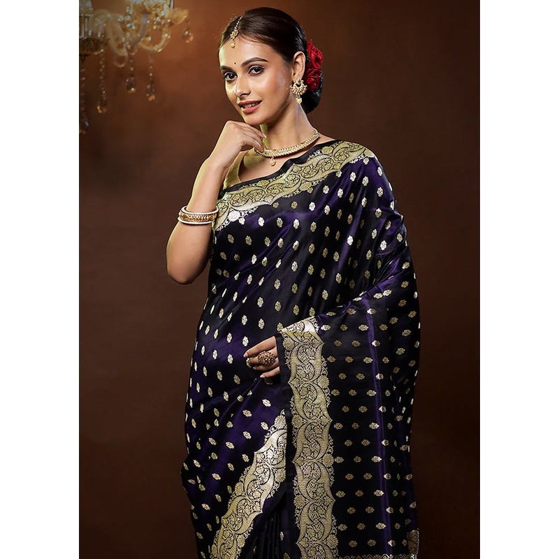 Blue Handloom Banarasi Pure Silk Saree With Blouse Piece - JD986579351