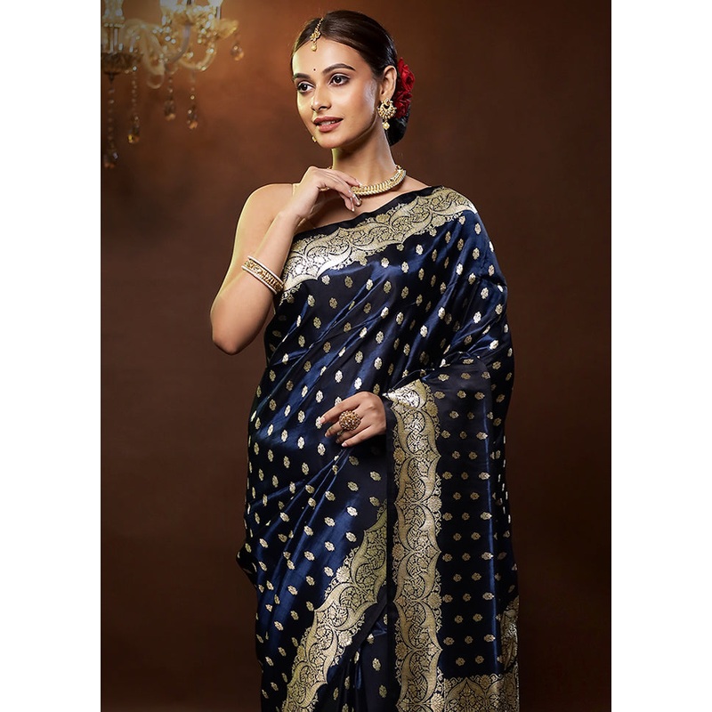 Blue Handloom Banarasi Pure Silk Saree With Blouse Piece - JD986579352