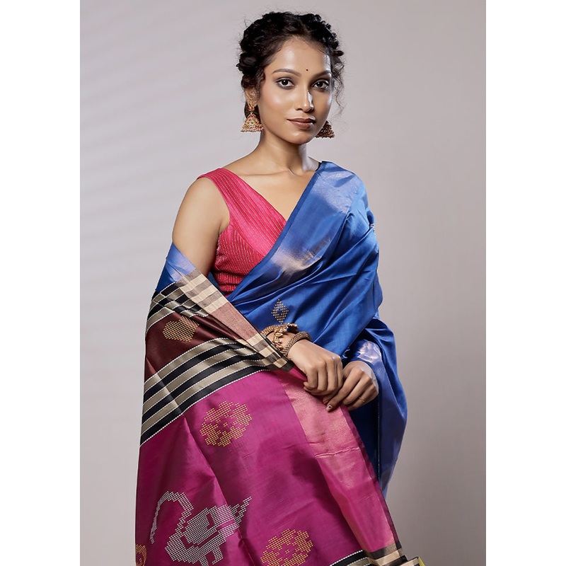 Blue Kalakshetra Kanjivaram Silk Saree With Blouse Piece - JD986579479