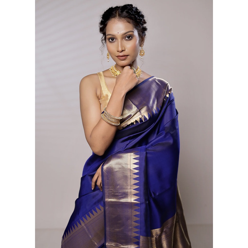 Blue Kanjivaram Pure Silk Saree With Blouse Piece - JD986579478