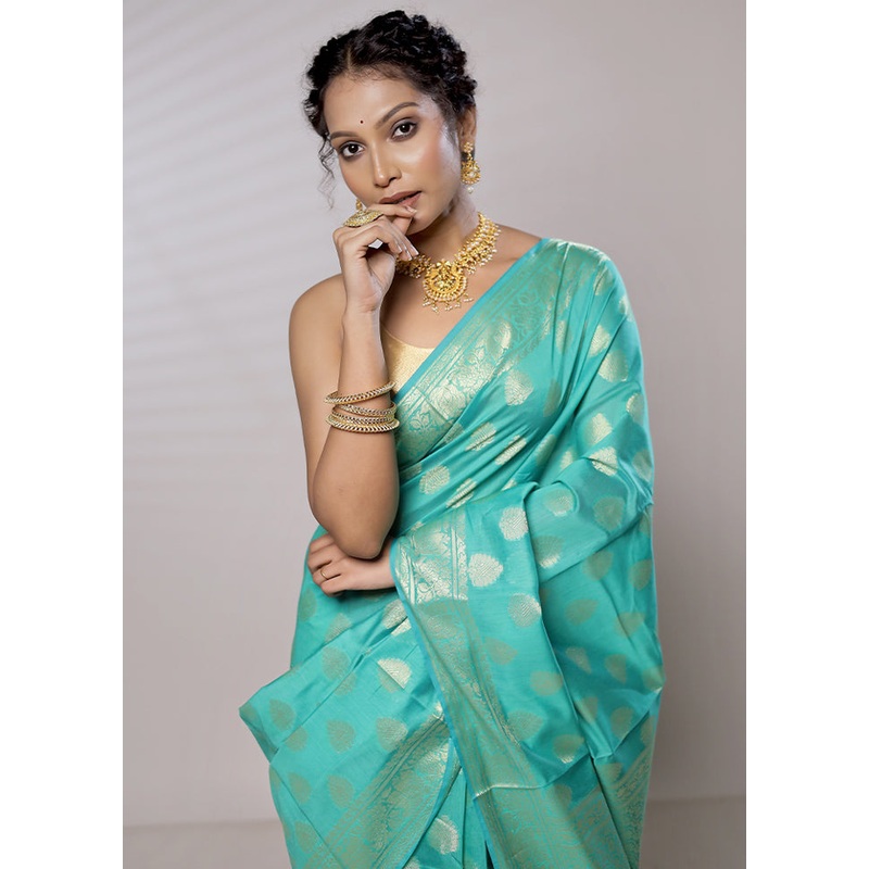 Blue Kora Silk Saree With Blouse Piece - JD986579462