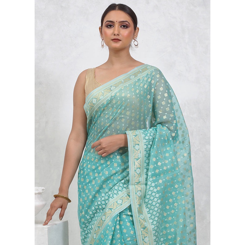 Blue Kora Silk Saree With Blouse Piece - JD986579540