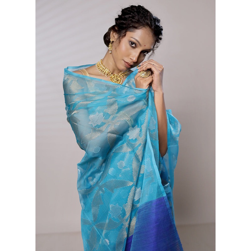 Blue Matka Pure Silk Saree With Blouse Piece - JD986579476