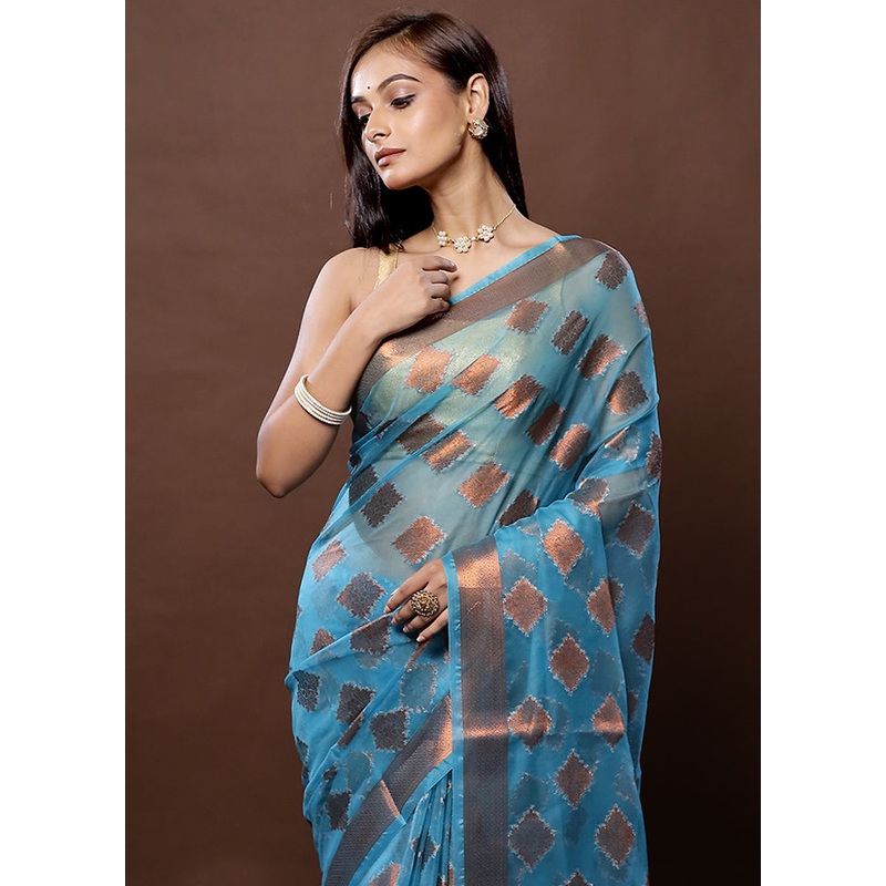 Blue Organza Saree With Blouse Piece - JD986579349