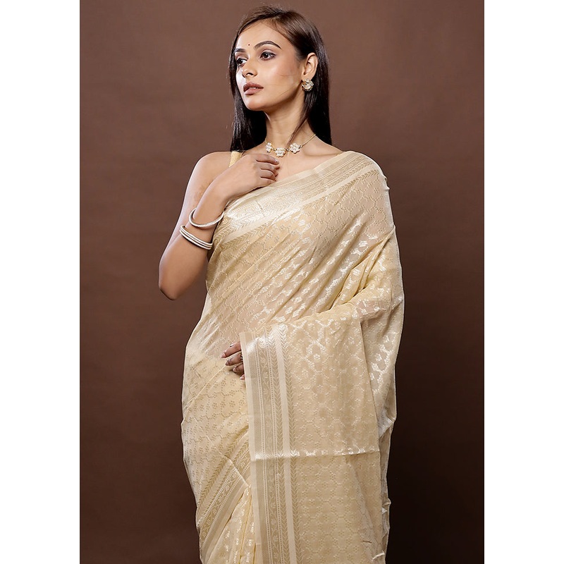 Cream Cotton Saree With Blouse Piece - JD986579346
