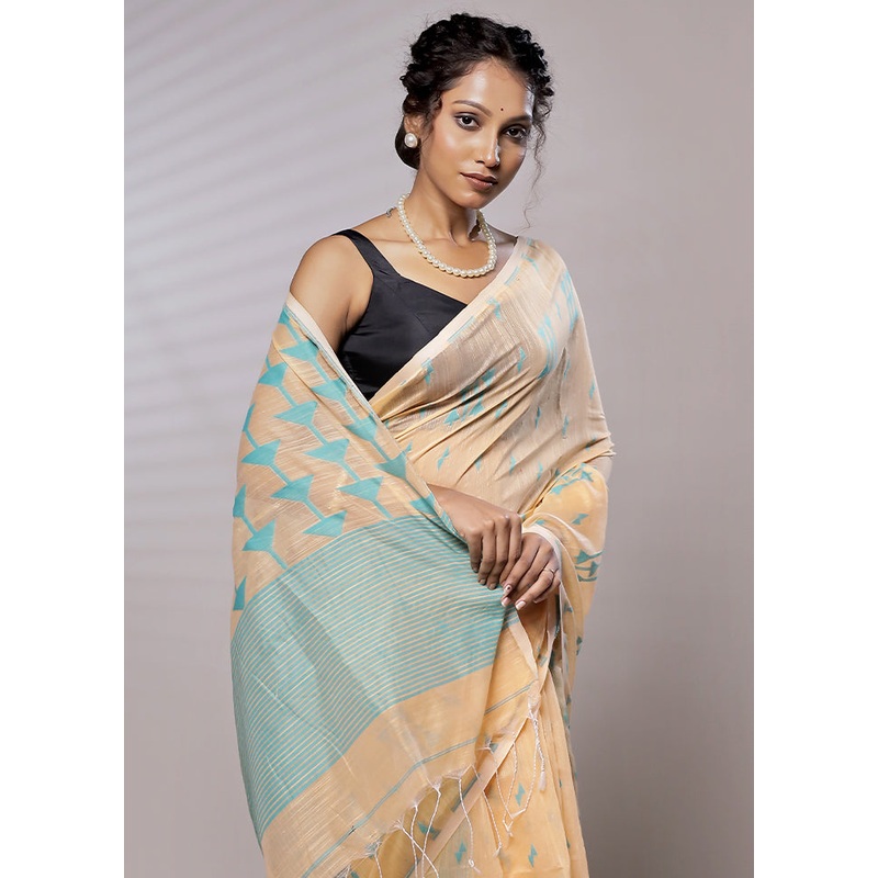Cream Cotton Saree With Blouse Piece - JD986579472
