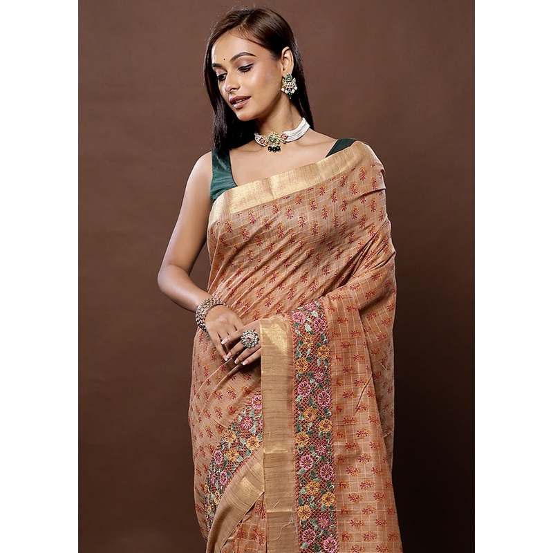 Cream Dupion Silk Saree With Blouse Piece - JD986579345