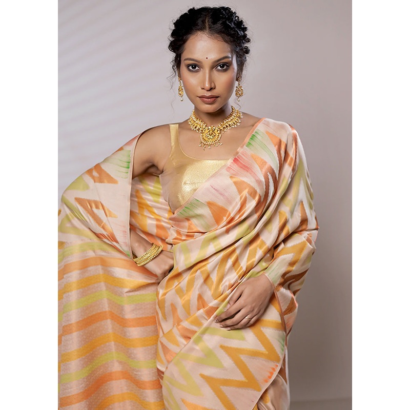 Cream Dupion Silk Saree With Blouse Piece - JD986579474