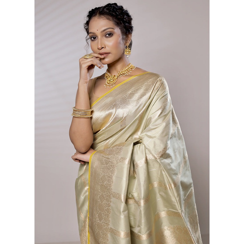 Cream Katan Pure Silk Saree With Blouse Piece - JD986579473