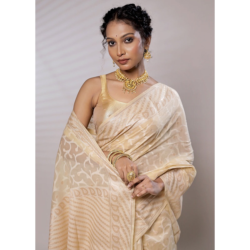 Cream Kora Silk Saree With Blouse Piece - JD986579470