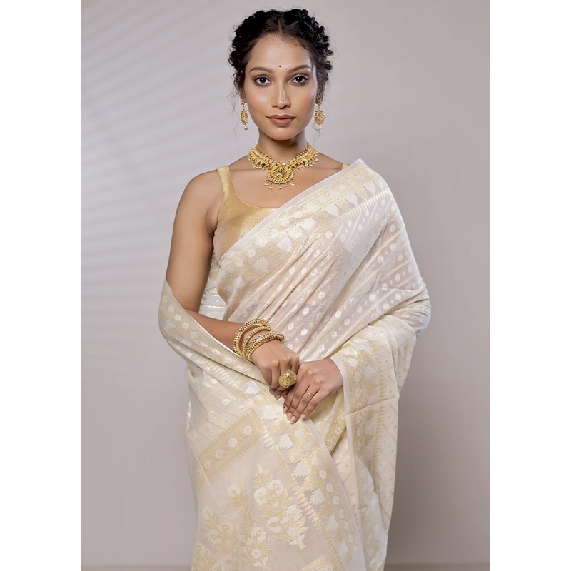 Cream Kora Silk Saree With Blouse Piece - JD986579471