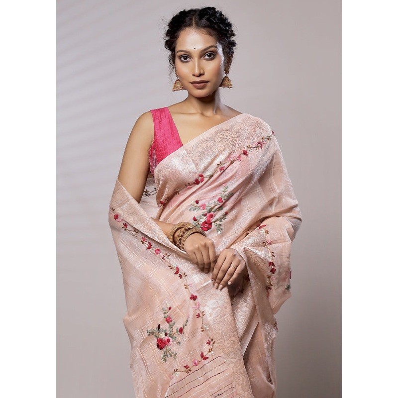 Cream Tissue Silk Saree With Blouse Piece - JD986579469