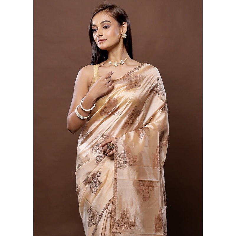 Cream Tussar Silk Saree With Blouse Piece - JD986579344