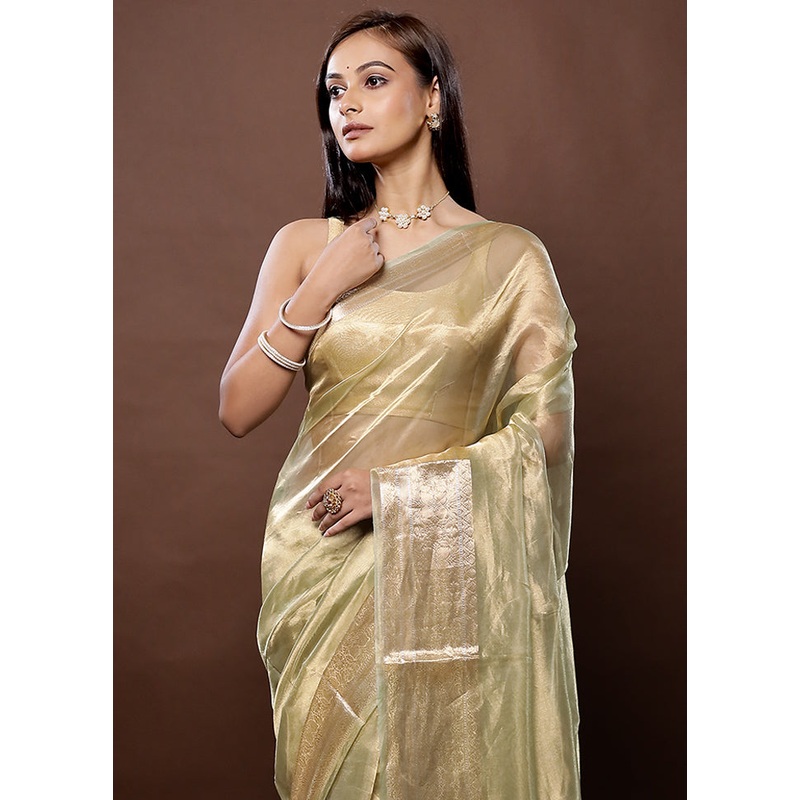 Golden Handloom Tissue Pure Silk Saree With Blouse Piece - JD986579343
