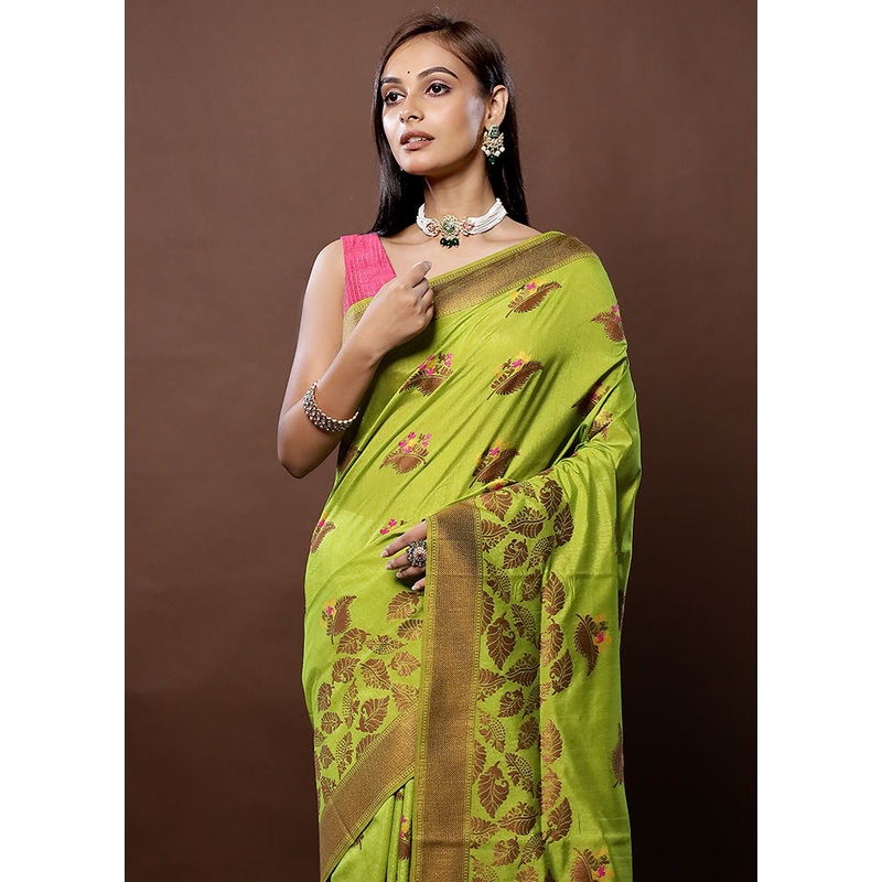 Green Dupion Silk Saree With Blouse Piece - JD986579342