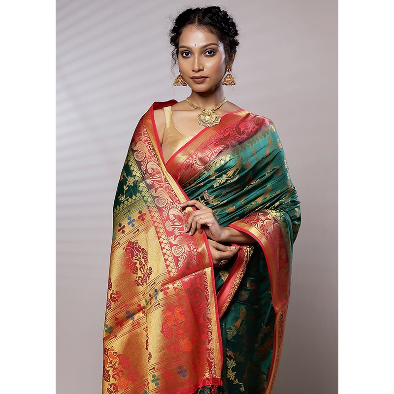 Green Dupion Silk Saree With Blouse Piece - JD986579467