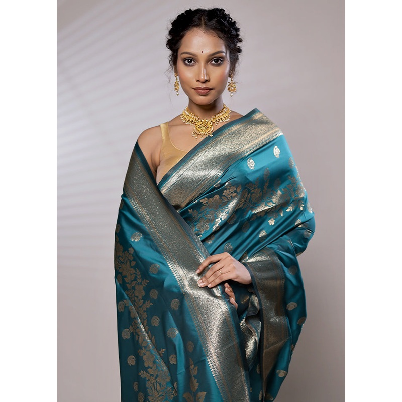 Green Dupion Silk Saree With Blouse Piece - JD986579468