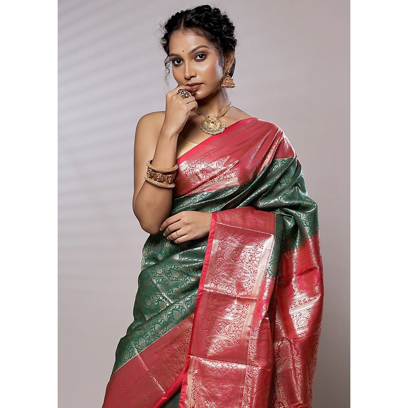 Green Kanjivaram Silk Saree With Blouse Piece - JD986579464