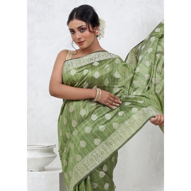 Green Kora Silk Saree With Blouse Piece - JD986579539