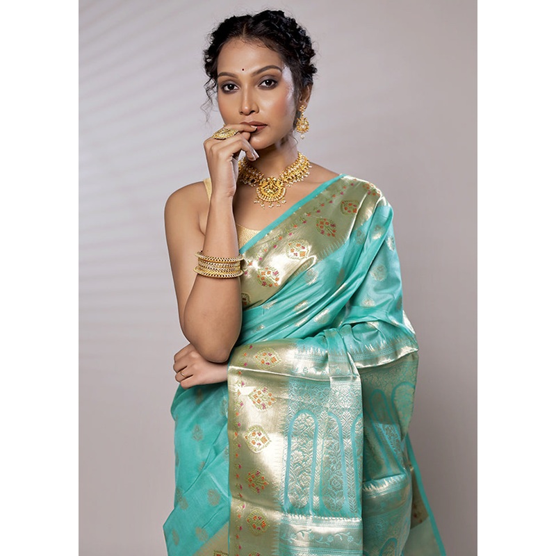 Green Tussar Silk Saree With Blouse Piece - JD986579460