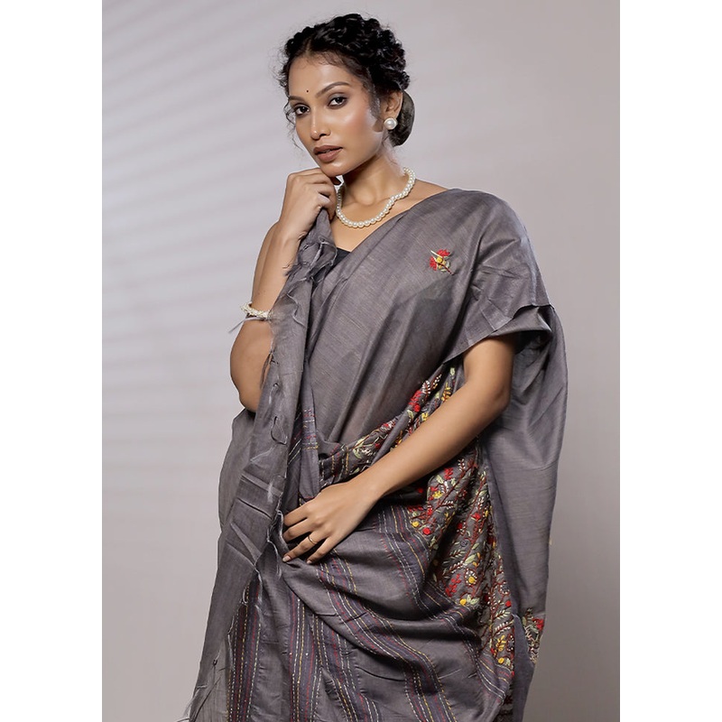 Grey Dupion Silk Saree With Blouse Piece - JD986579456