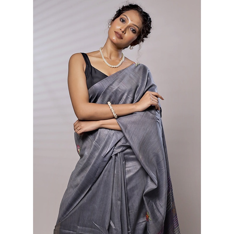 Grey Dupion Silk Saree With Blouse Piece - JD986579457