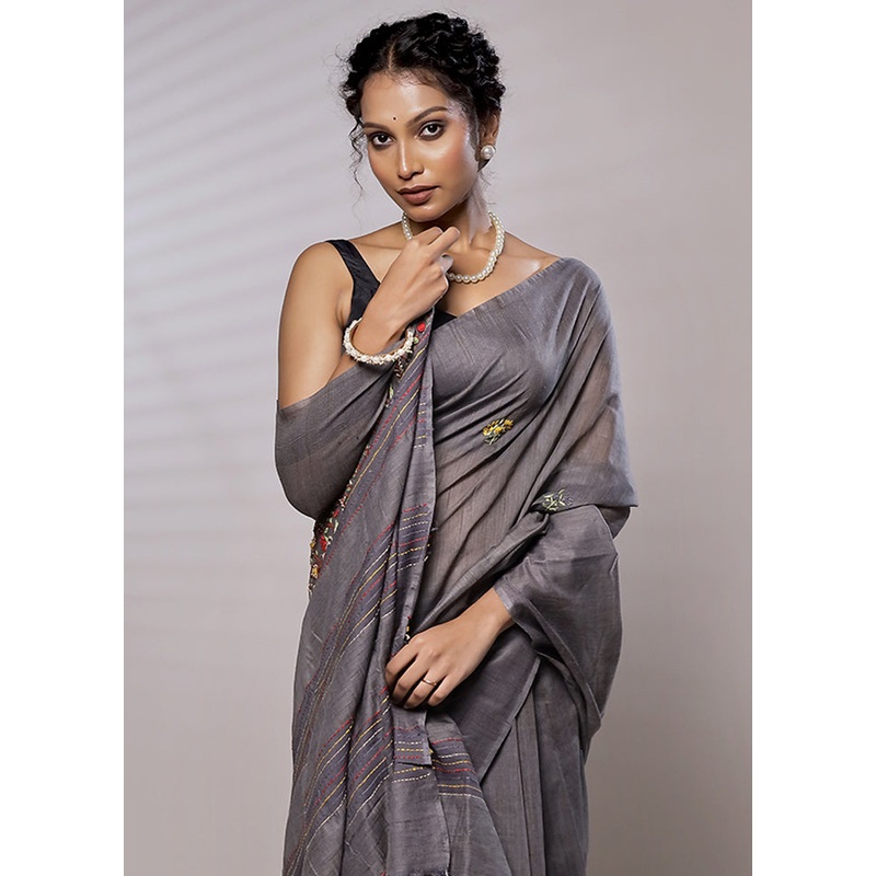 Grey Dupion Silk Saree With Blouse Piece - JD986579458