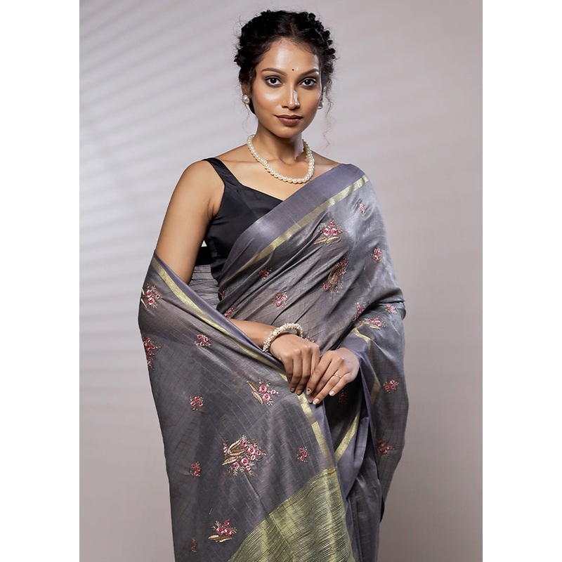 Grey Dupion Silk Saree With Blouse Piece - JD986579459