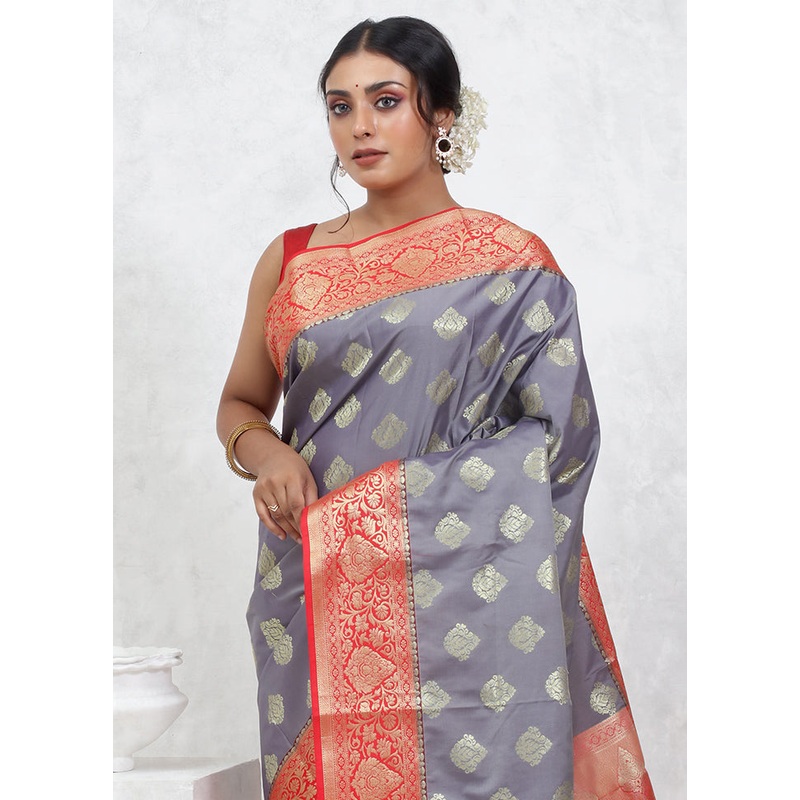 Grey Kanjivaram Silk Saree With Blouse Piece - JD986579537
