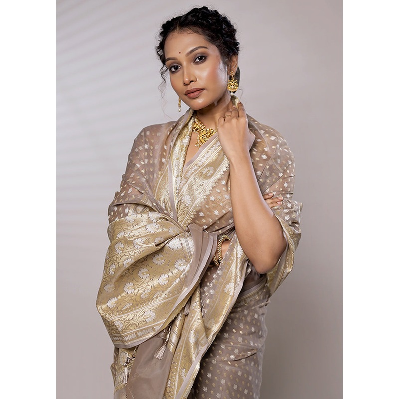 Grey Kora Silk Saree With Blouse Piece - JD986579455