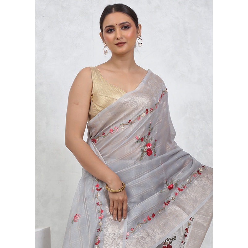 Grey Tissue Silk Saree With Blouse Piece - JD986579534