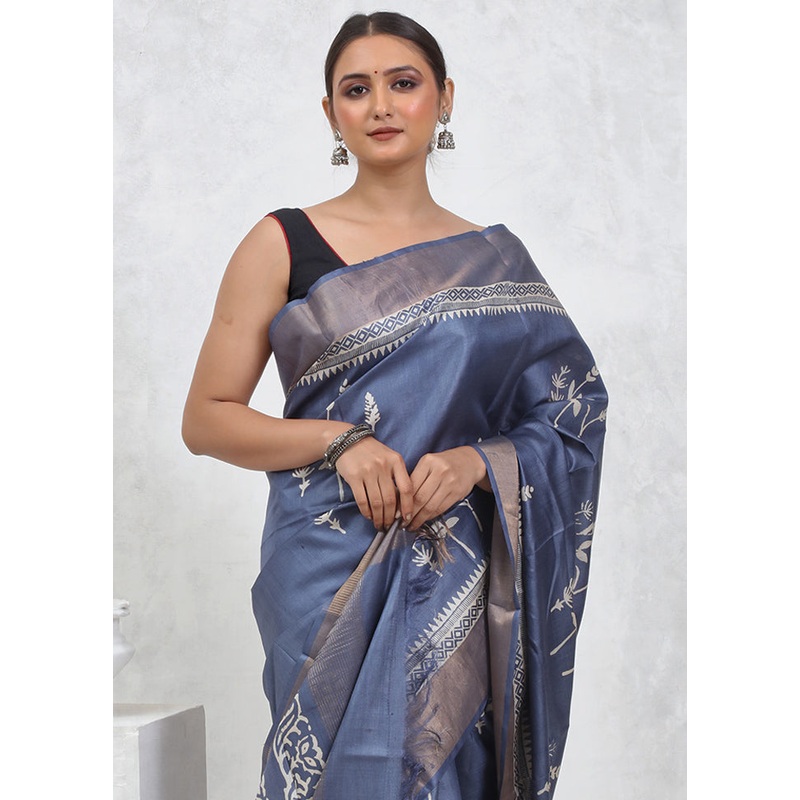 Grey Tussar Pure Silk Saree With Blouse Piece - JD986579532