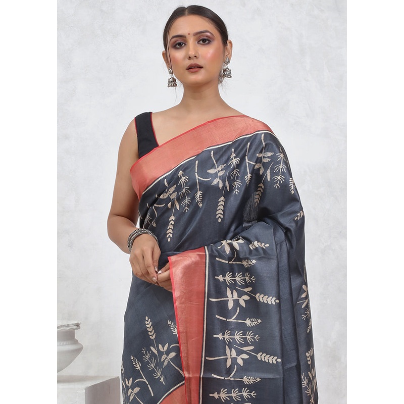 Grey Tussar Pure Silk Saree With Blouse Piece - JD986579533