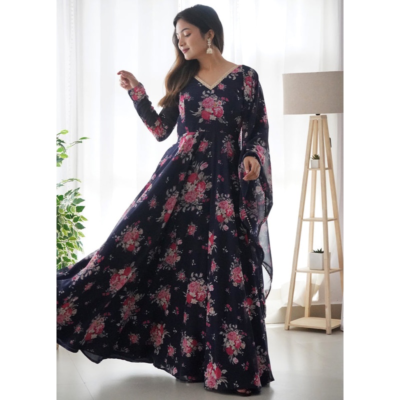 Navy Blue Readymade Pure Georgette Anarkali Gown - JD986579364