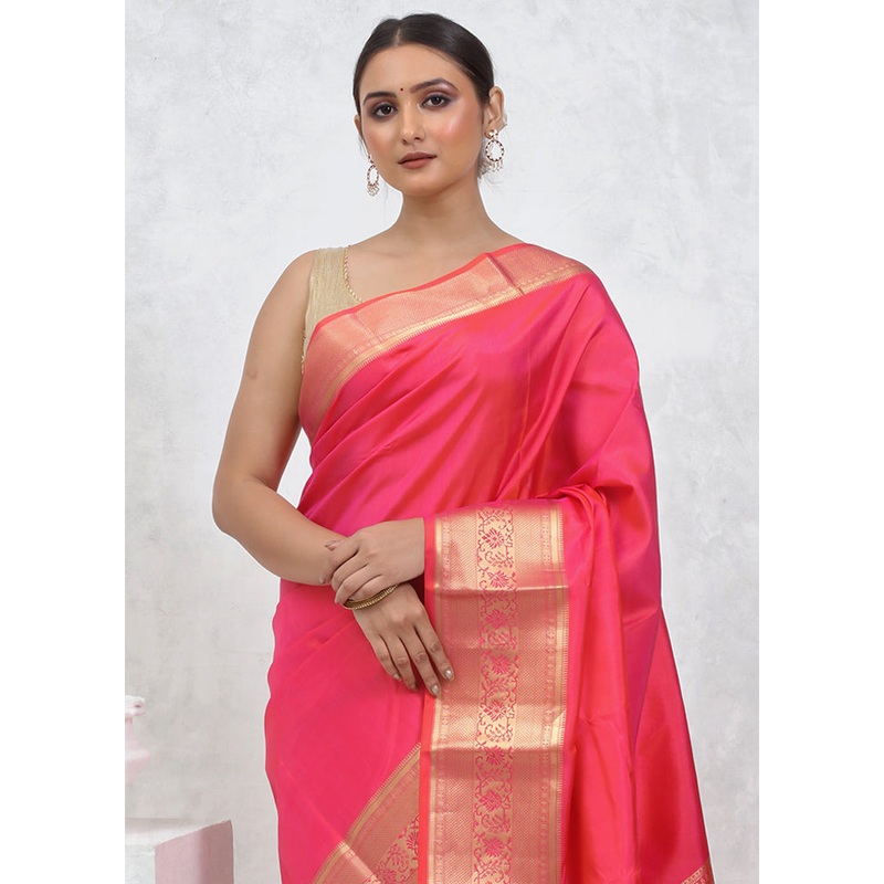 Pink Kanjivaram Pure Silk Saree With Blouse Piece - JD986579517