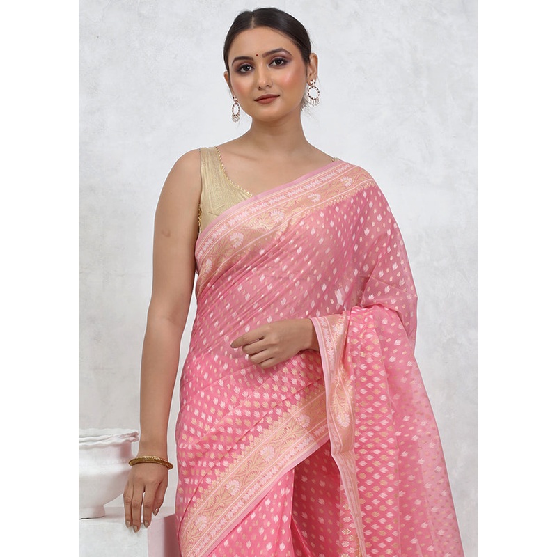 Pink Kora Silk Saree With Blouse Piece - JD986579510