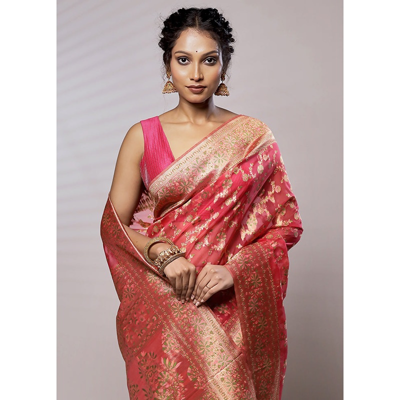 Pink Organza Saree With Blouse Piece - JD986579448